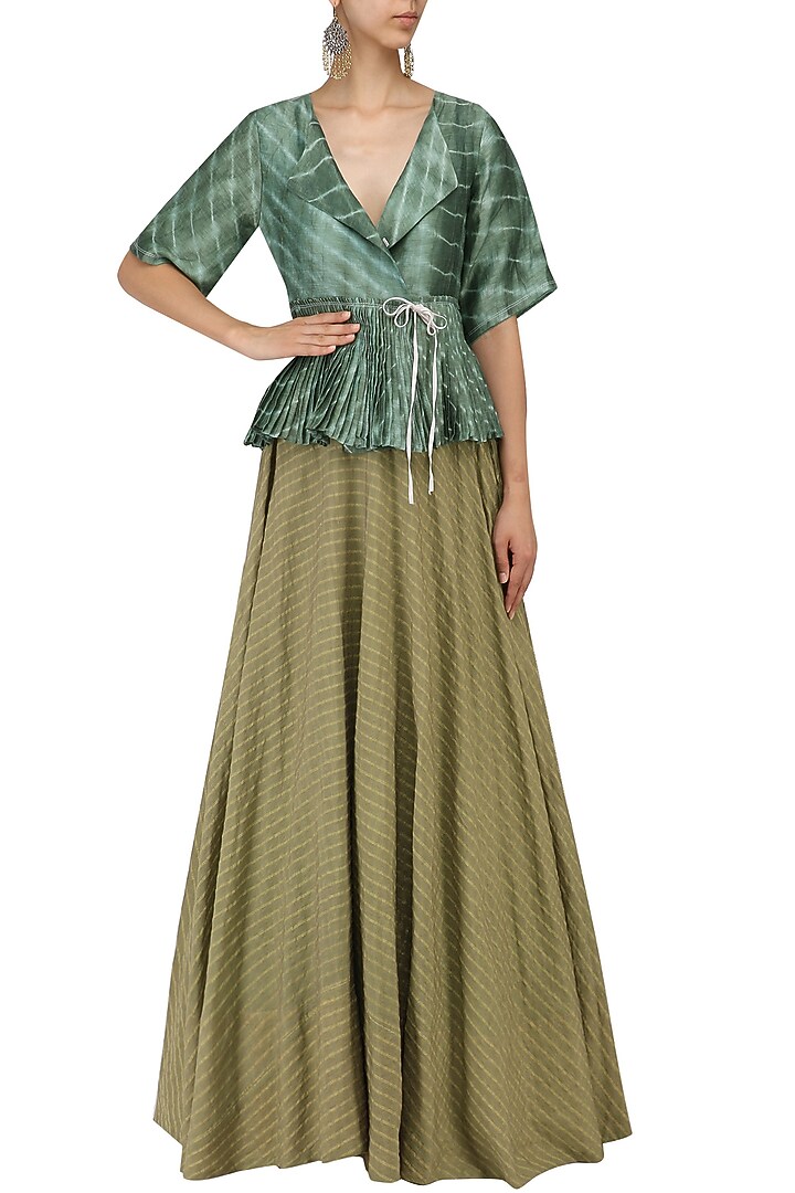 Olive strip flared lehenga skirt available only at Pernia's Pop Up Shop.