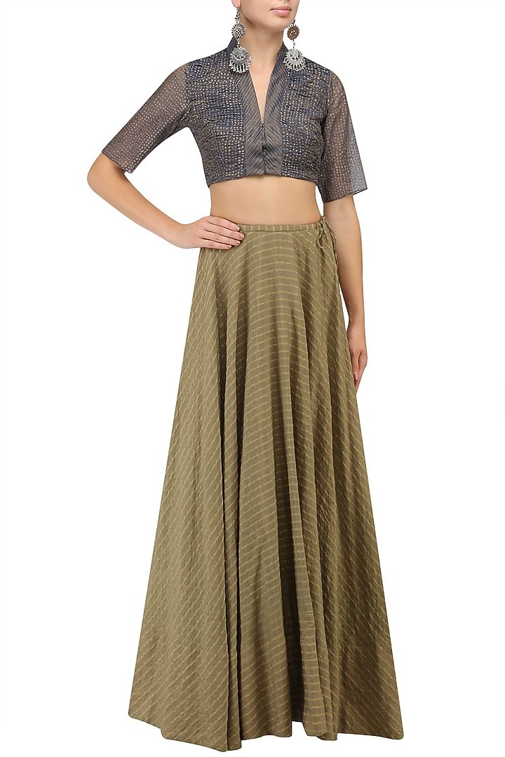 Indigo polka block printed ruched crop top available only at Pernia's Pop Up Shop.