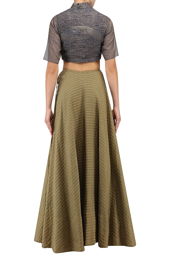 Indigo polka block printed ruched crop top available only at Pernia's Pop Up Shop.