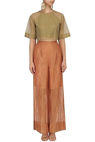 Rust Stripe Tissue Pants by Urvashi Kaur