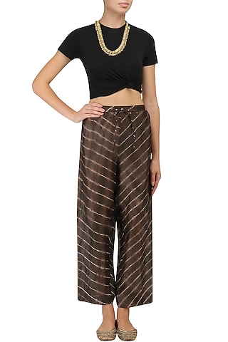 Chocolate Brown Leheria Print Culottes by Urvashi Kaur