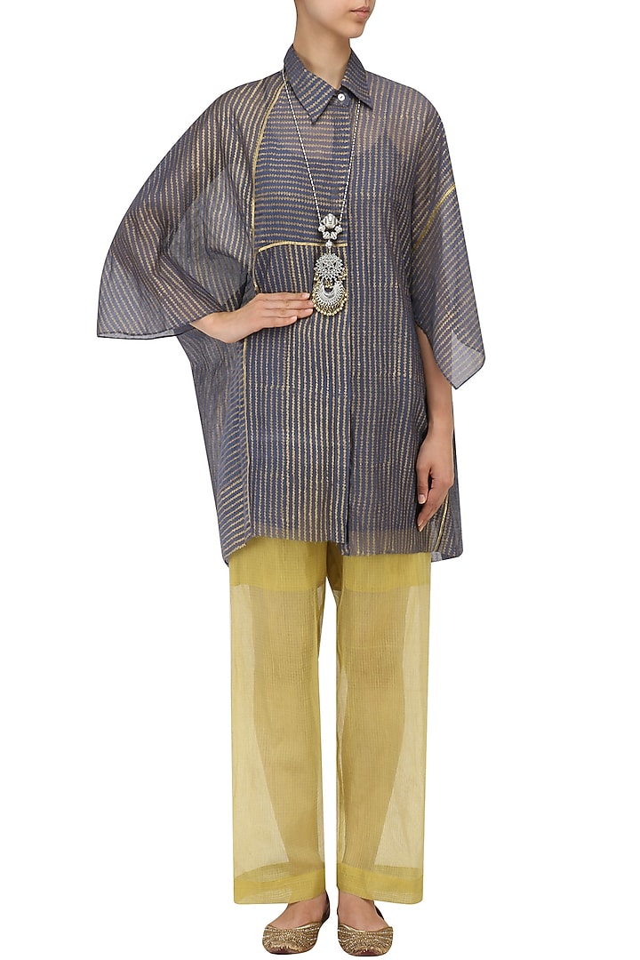 Indigo oversized stripes block printed shirt available only at Pernia's Pop Up Shop.