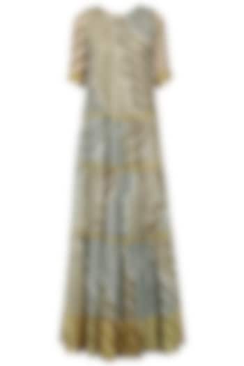 Olive and Teal Leheria Print Pleated Dress by Urvashi Kaur