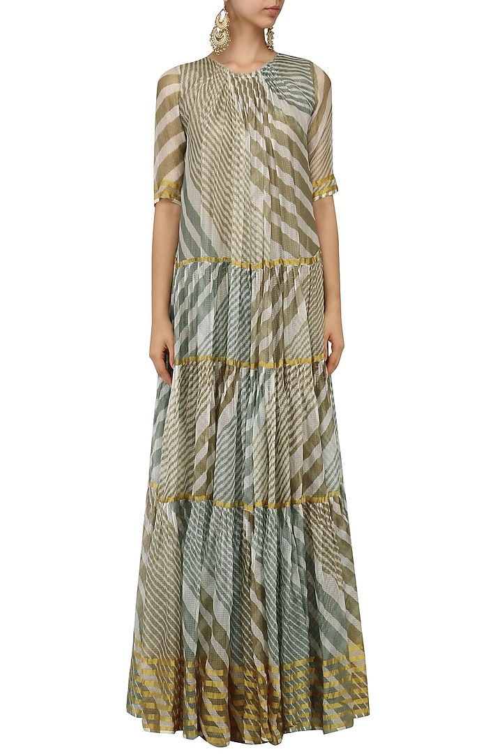Olive and teal leheria print pleated dress available only at Pernia's Pop Up Shop.