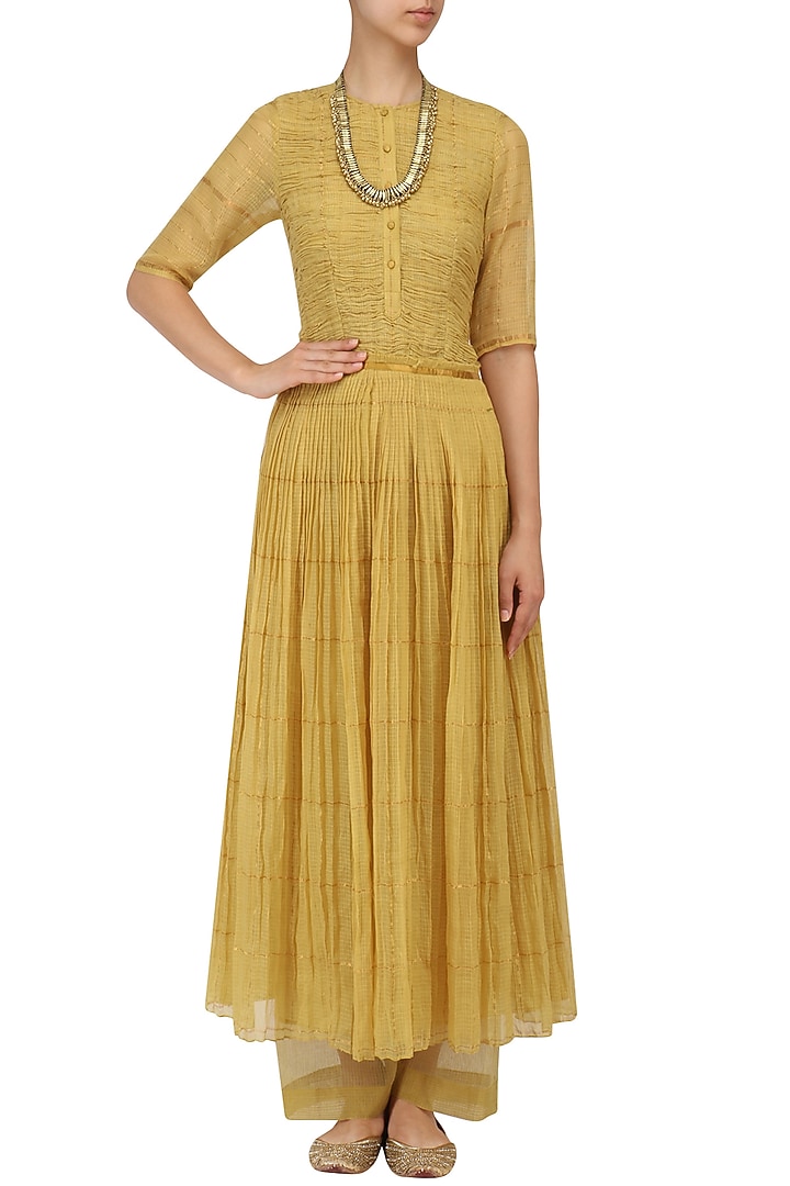 Ochre pleated zari kota dress available only at Pernia's Pop Up Shop.