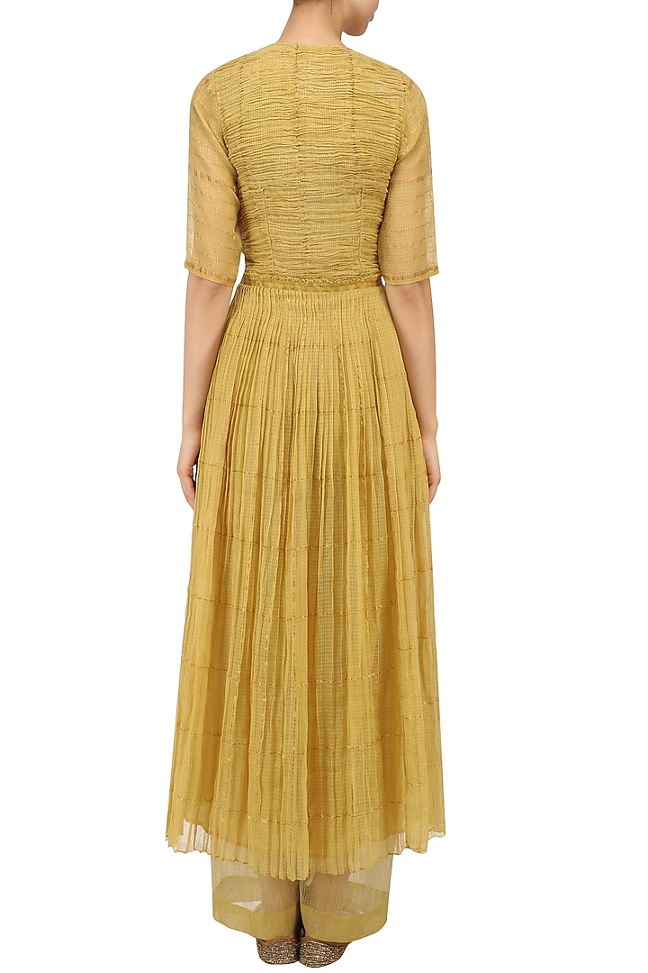 Ochre pleated zari kota dress available only at Pernia's Pop Up Shop.