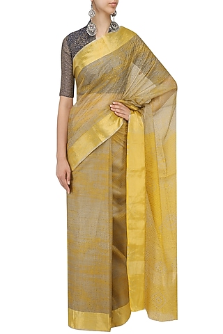 Ochre Polka Dot Block Printed Saree by Urvashi Kaur
