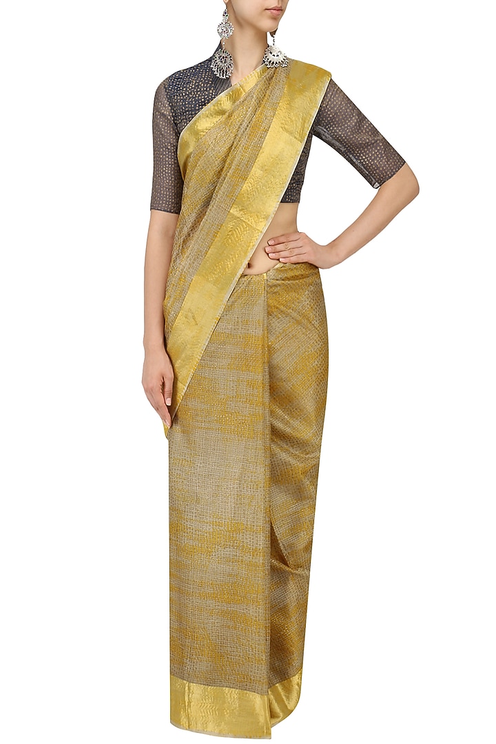 Ochre polka dot block printed saree available only at Pernia's Pop Up Shop.