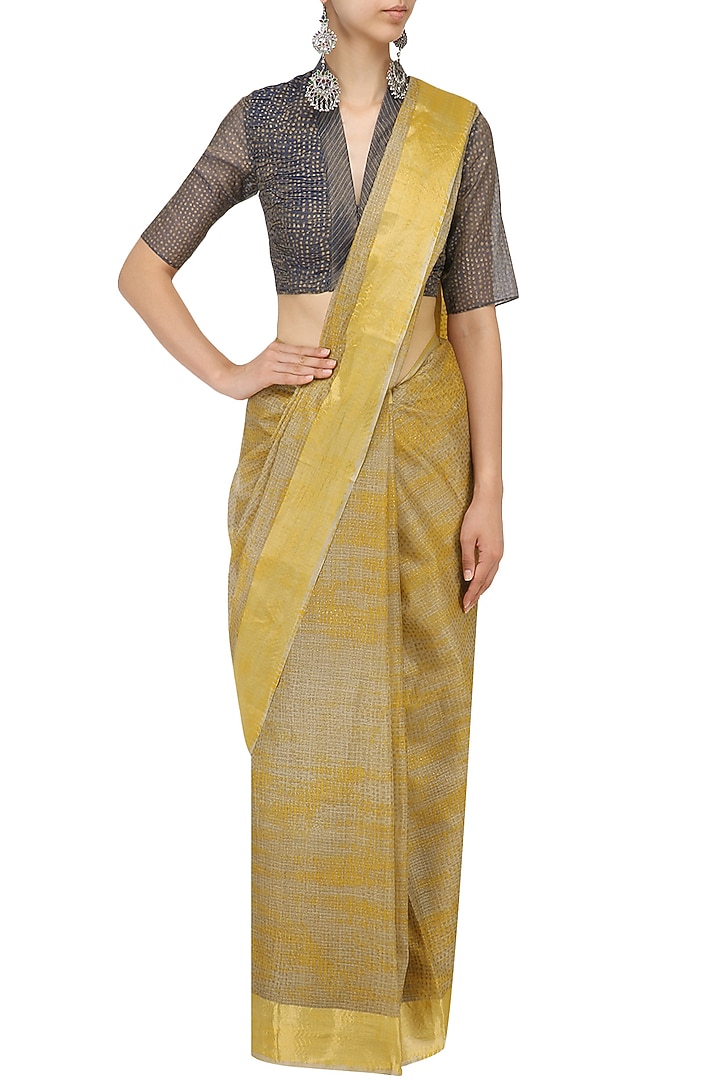 Ochre polka dot block printed saree available only at Pernia's Pop Up Shop.