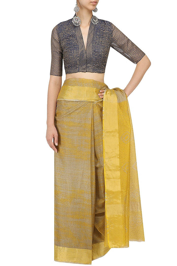 Ochre polka dot block printed saree available only at Pernia's Pop Up Shop.