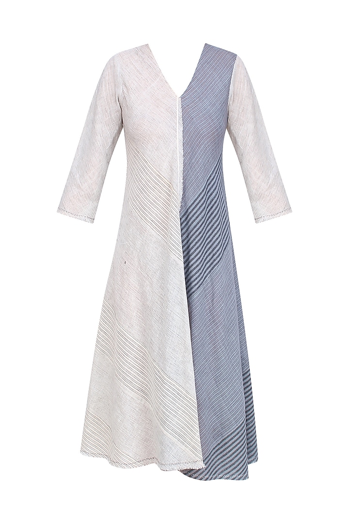 Ecru and Grey Striped Asymmetric Cut Dress by Urvashi Kaur
