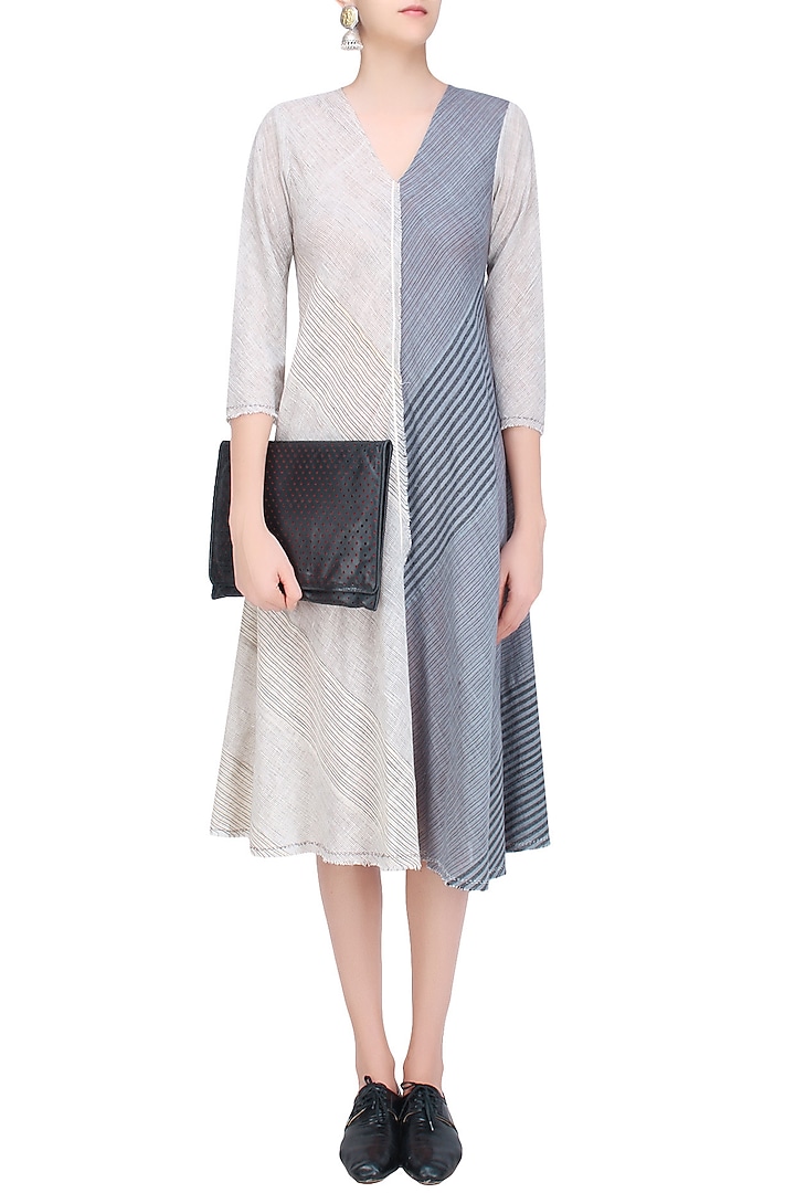 Ecru and grey striped asymmetric cut dress available only at Pernia's Pop Up Shop.