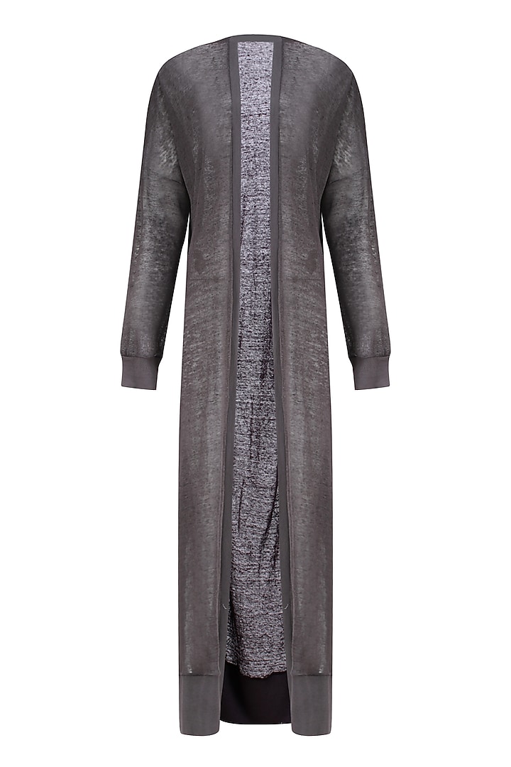 Dark grey front open linen long jacket available only at Pernia's Pop Up Shop.