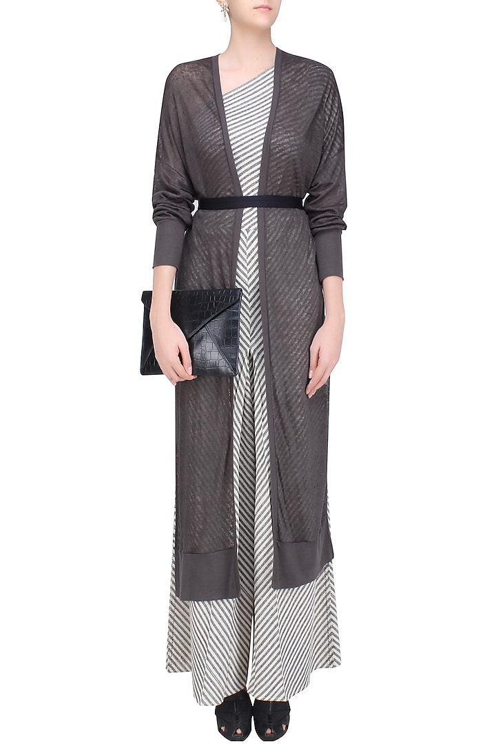 Dark grey front open linen long jacket available only at Pernia's Pop Up Shop.