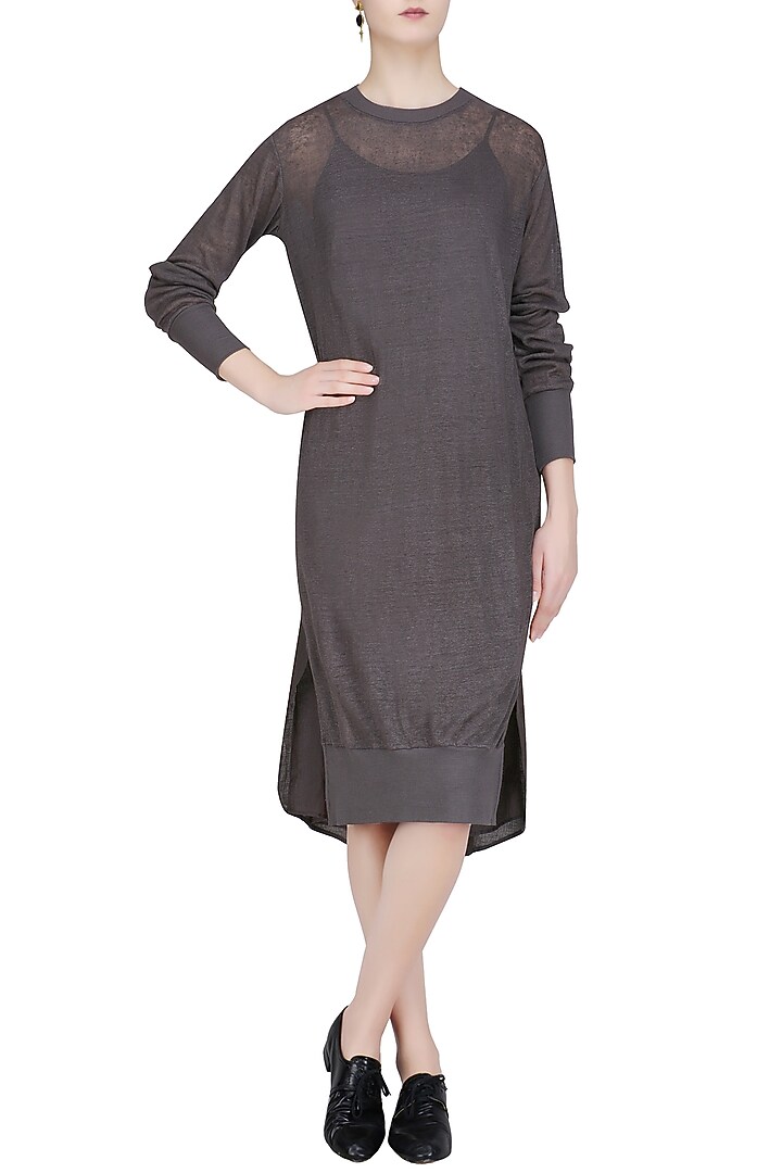 Dark grey full sleeves loose khadi tunic available only at Pernia's Pop Up Shop.