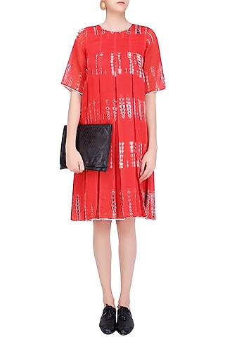 Red, Ecru and Dark Grey Tye and Dye Dress by Urvashi Kaur