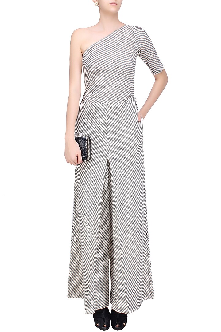 Black and white striped one shoulder jumpsuit available only at Pernia's Pop Up Shop.
