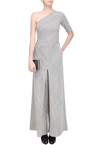 Black and White Striped One Shoulder Jumpsuit by Urvashi Kaur