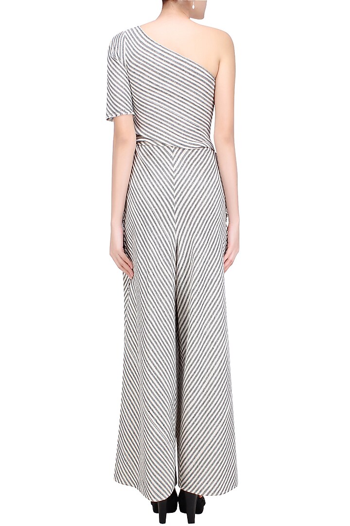 Black and white striped one shoulder jumpsuit available only at Pernia's Pop Up Shop.