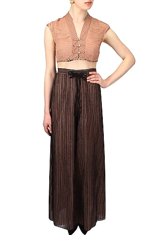 Blush and black striped palazzo pants by Urvashi Kaur
