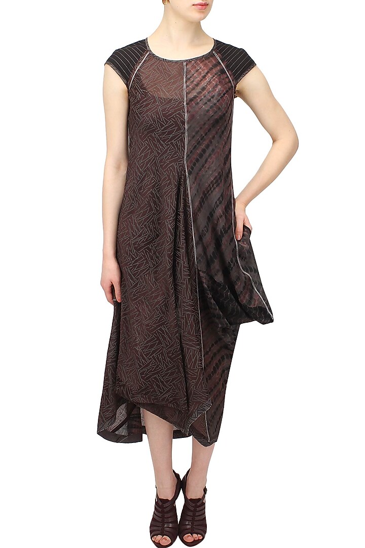 Wine, grey and black tie and due printed drape dress available only at Pernia's Pop Up Shop.