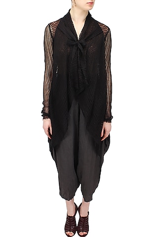 Black front open asymmetric sheer shrug by Urvashi Kaur