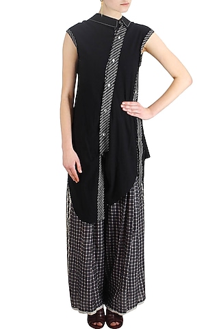 Black stitch line panel asymmetric shirt by Urvashi Kaur