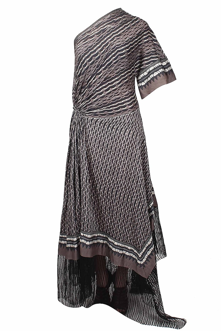 Grey and black digital printed one shoulder dress by Urvashi Kaur