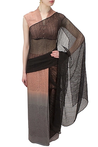 Blush and grey shibori printed ombre saree by Urvashi Kaur