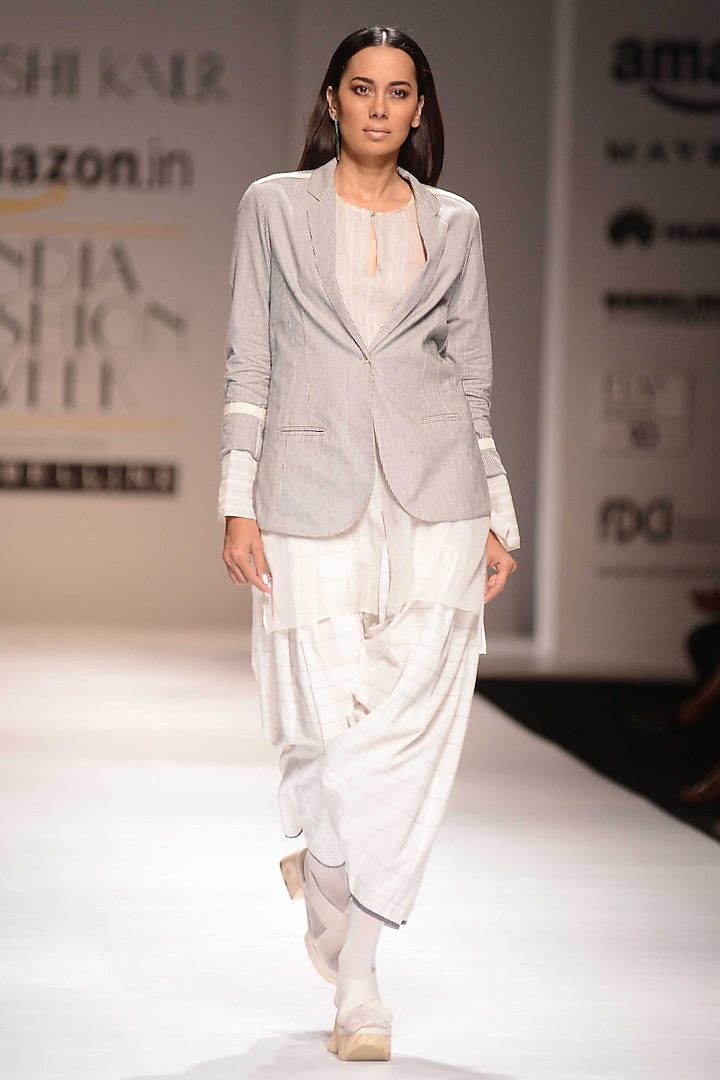 Grey Striped Jacket by Urvashi Kaur