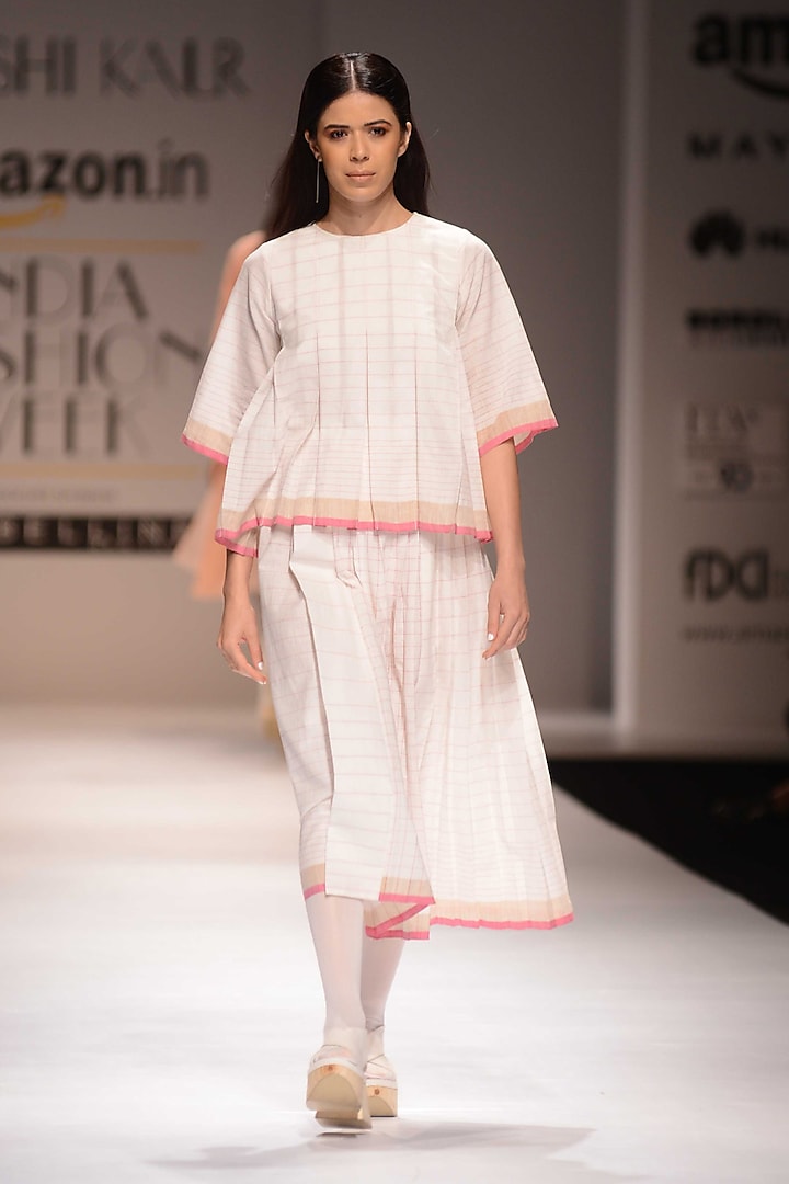Ecru and Pink Pleated Top by Urvashi Kaur