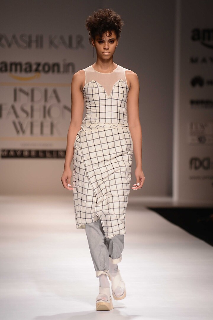 White and Black Checkered Dress by Urvashi Kaur