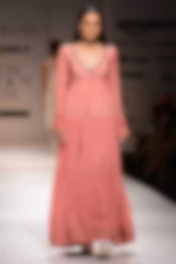Pink Three Tired Flared Maxi Dress by Urvashi Kaur