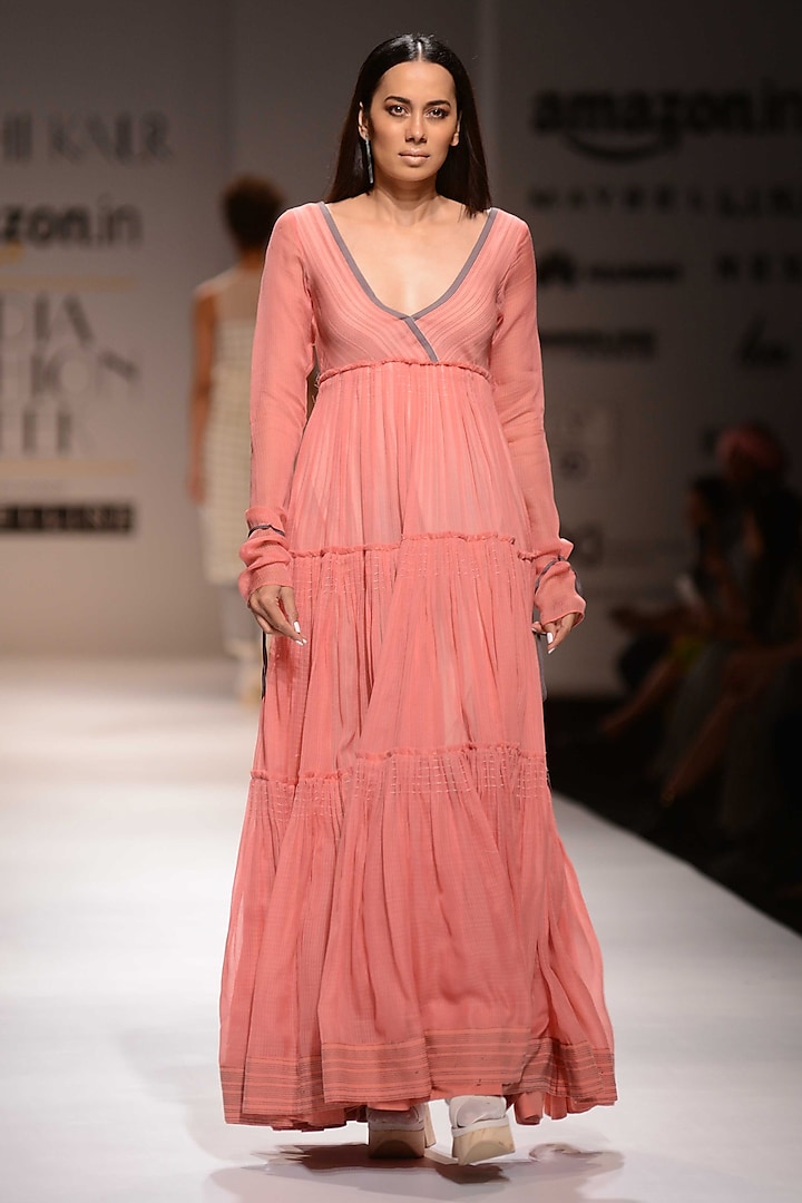 Pink Three Tired Flared Maxi Dress by Urvashi Kaur