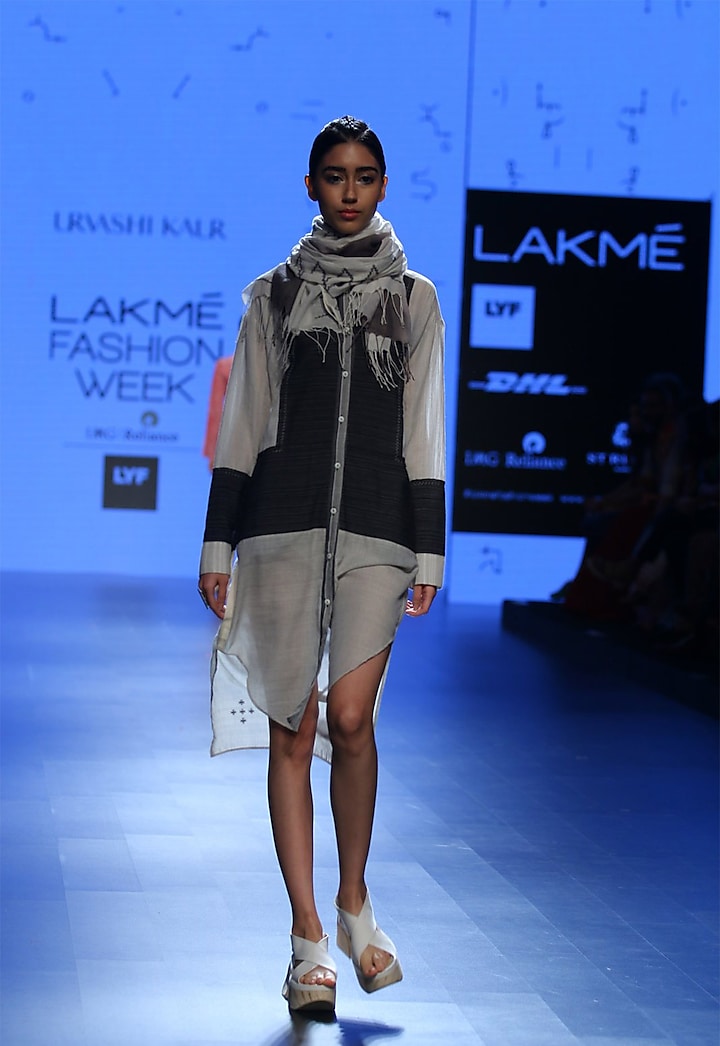 Ecru and grey panel stich line tunic by Urvashi Kaur