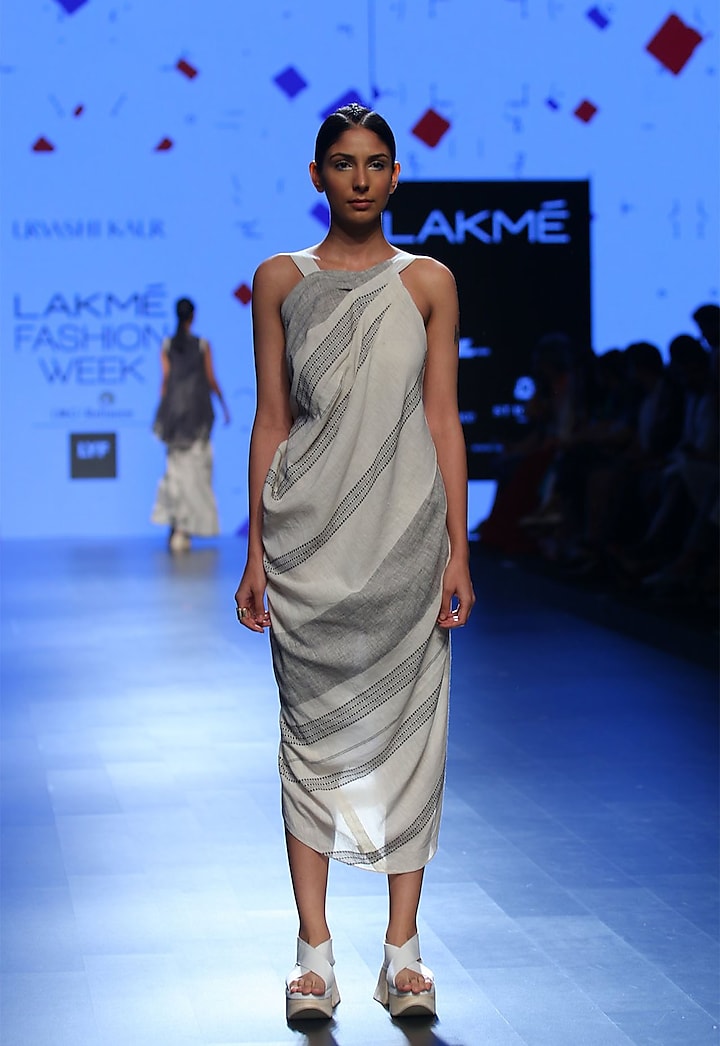 Ecru and grey strappy drape dress by Urvashi Kaur