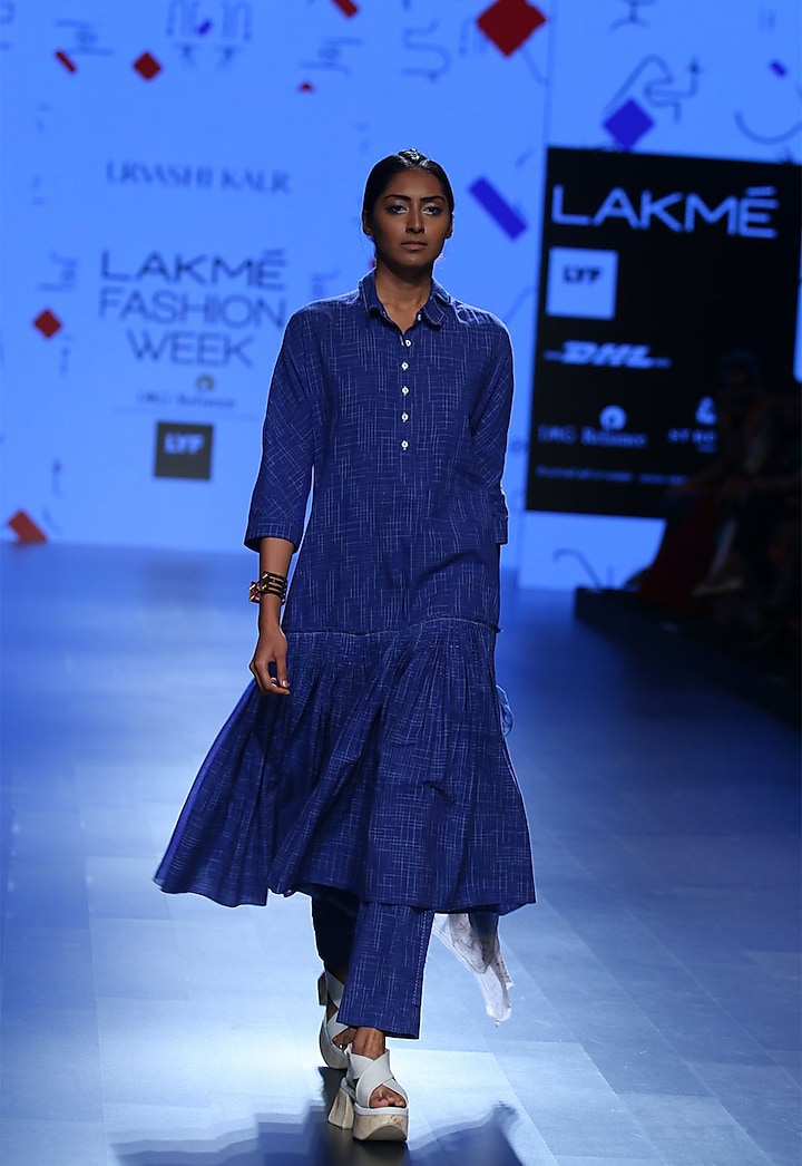 Blue drop waist checks dress by Urvashi Kaur