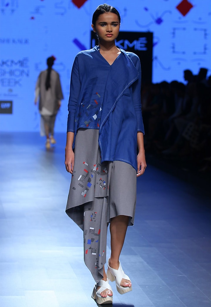 Blue ruffled block printed tunic available only at Pernia's Pop Up Shop.