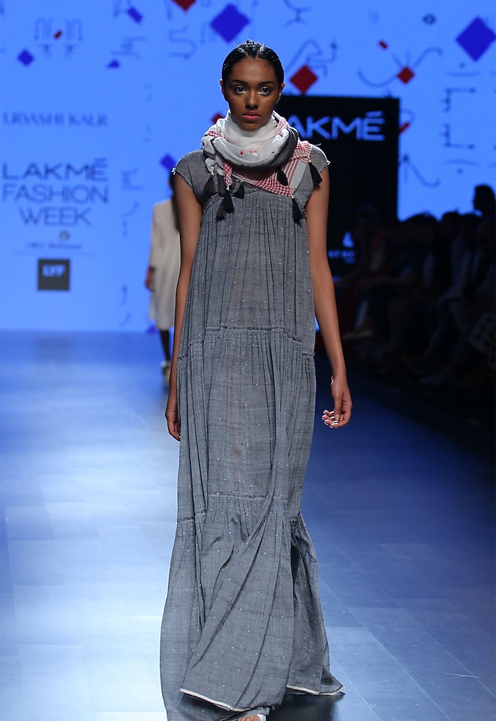 Grey three tier pleated tent dress available only at Pernia's Pop Up Shop.