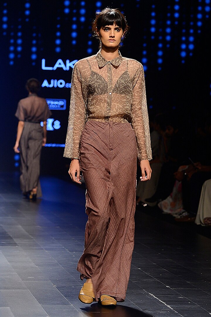 Brown Woven Line Wide Leg Pants by Urvashi Kaur