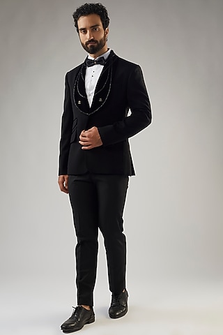 Black Terry Rayon Embellished Tuxedo Set by UMANG MEHTA