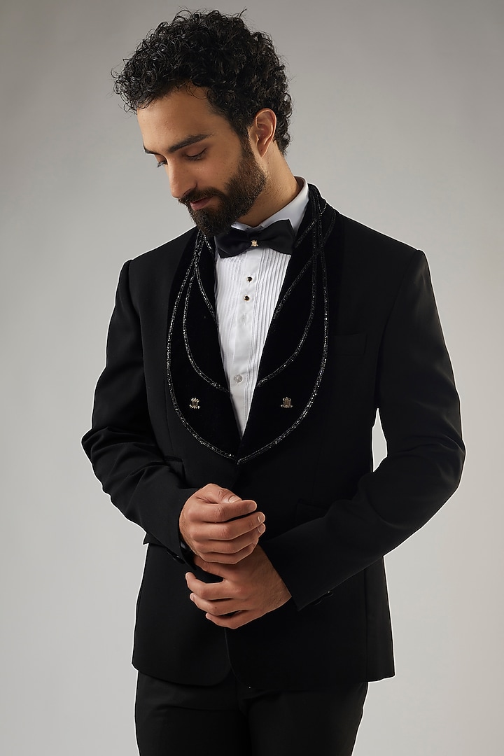 Black Terry Rayon Embellished Tuxedo Set by UMANG MEHTA at Pernia's Pop Up Shop