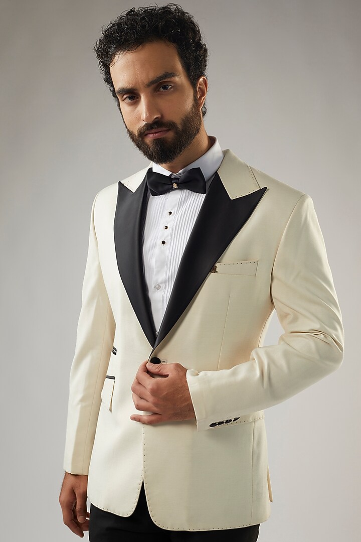 Ivory Terry Rayon Tuxedo Set by UMANG MEHTA at Pernia's Pop Up Shop