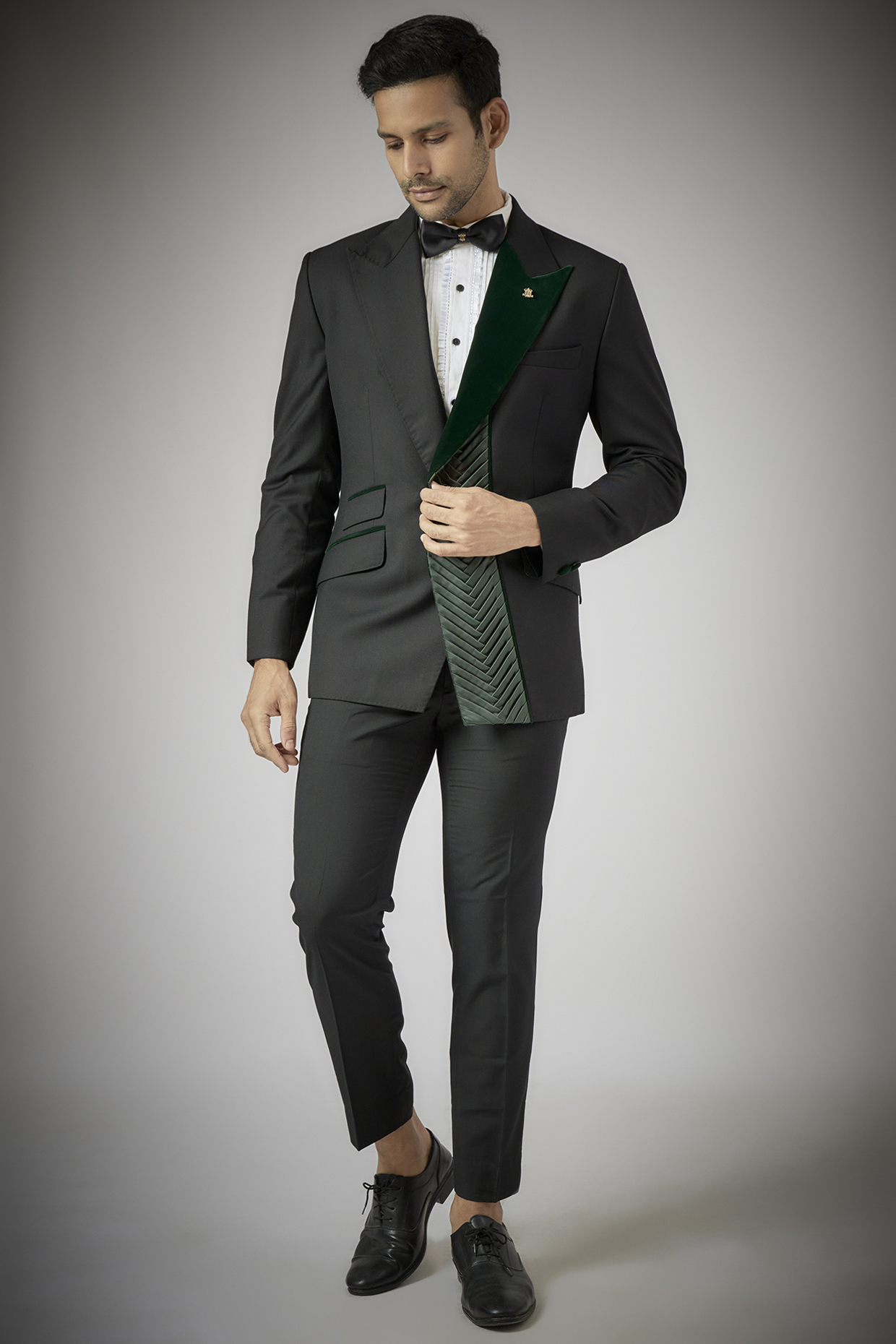 Black Terry Rayon Tuxedo Set by UMANG MEHTA at Pernia's Pop Up Shop