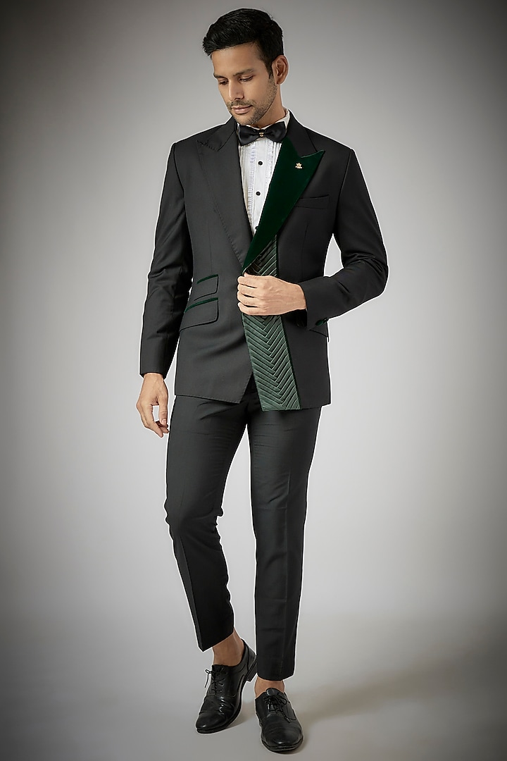 Black Terry Rayon Tuxedo Set by UMANG MEHTA at Pernia's Pop Up Shop