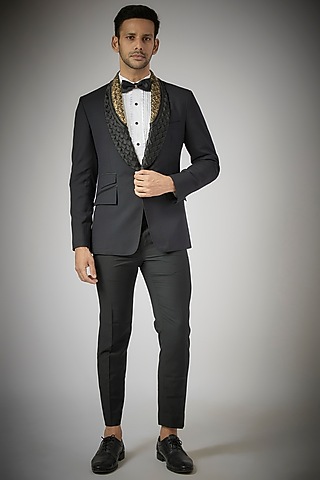 Black Terry Rayon Tuxedo Set by UMANG MEHTA