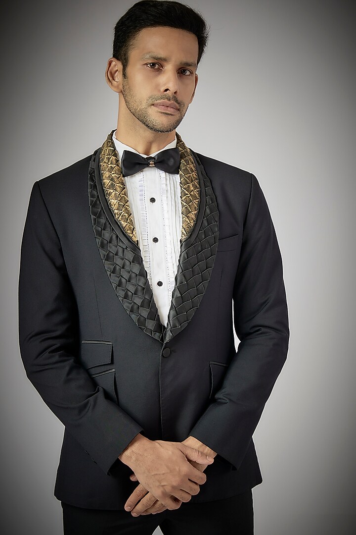 Black Terry Rayon Tuxedo Set by UMANG MEHTA at Pernia's Pop Up Shop