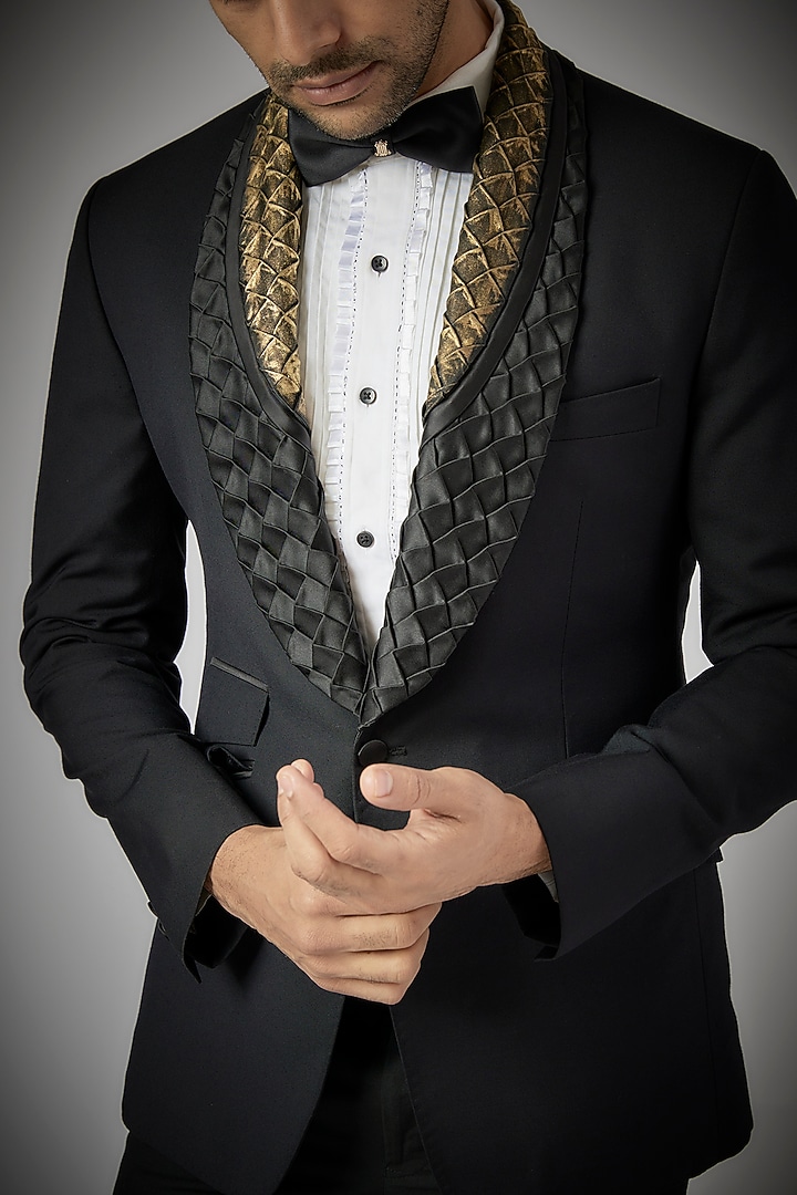 Black Terry Rayon Tuxedo Set by UMANG MEHTA at Pernia's Pop Up Shop
