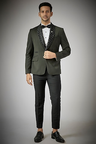 Green Terry Rayon Tuxedo Set by UMANG MEHTA