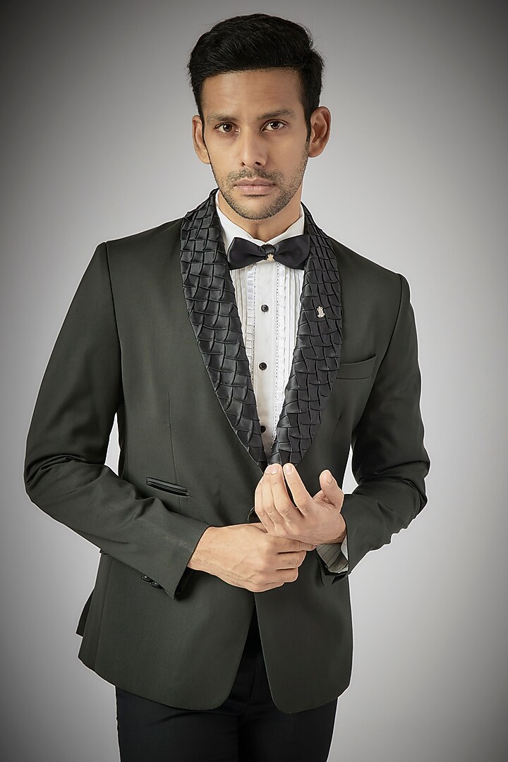 Green Terry Rayon Tuxedo Set by UMANG MEHTA at Pernia's Pop Up Shop